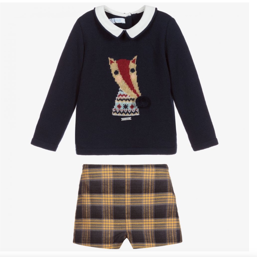 Nwt Boys Foque Navy Blue Fox And Check Shorts Set, 24 Months
